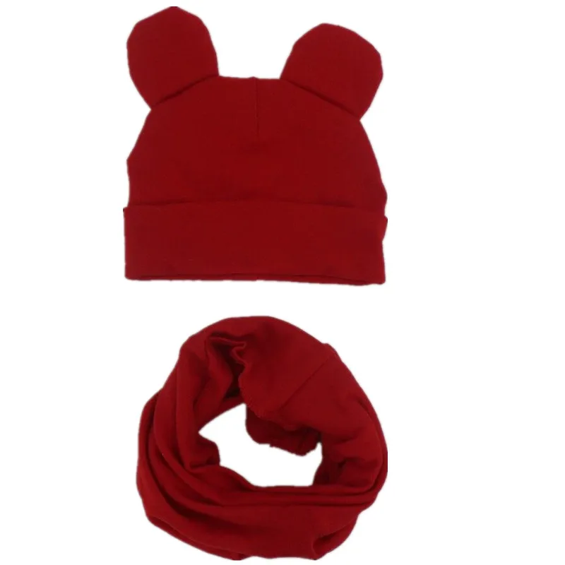 red ear set Хлопковый Детский комплект из шапки и шарфа, детские милые шапки с ушками, высококачественные шапки и шарфа для мальчиков и девочек, детские шляпы, реквизит для фотосессии - Цвет: red ear set