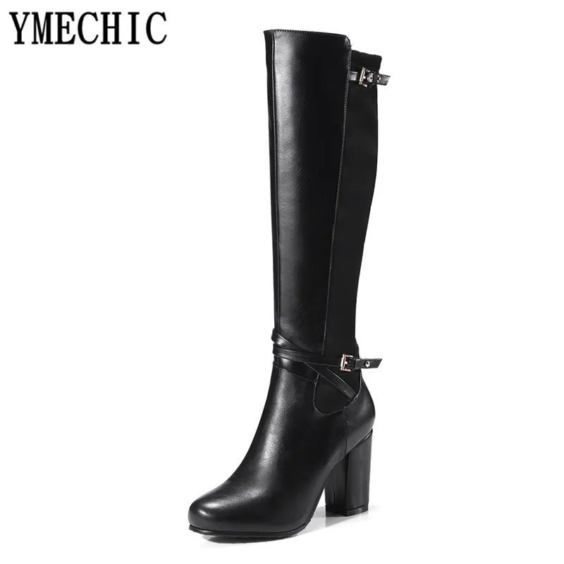 Женские мотоциклетные сапоги YMECHIC черные до колена на высоком массивном блочном