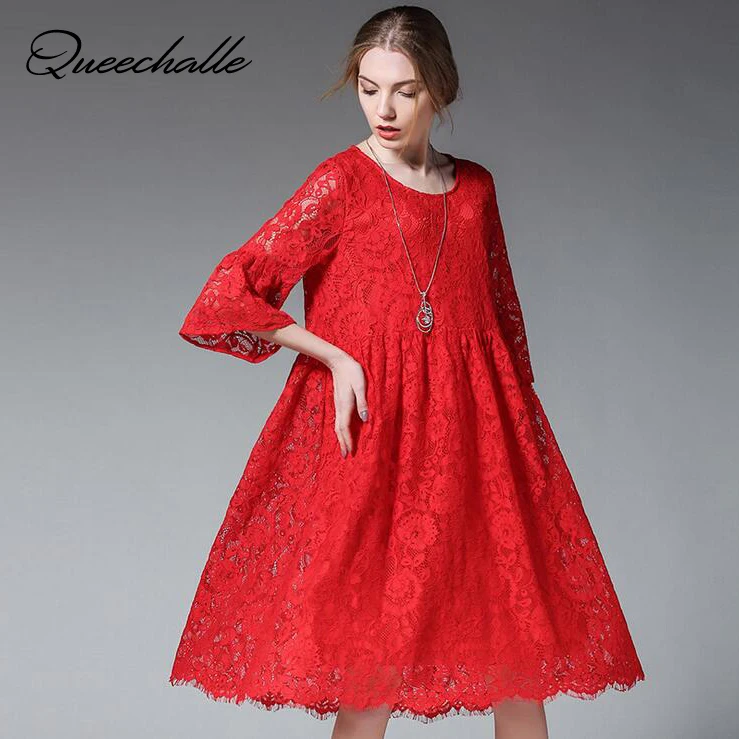 Big Size Fashion Lace Dress Summer Hollow Out Half Sleeve Loose Women Dress 4XL Plus Size Women Clothing Black Red Vestidos