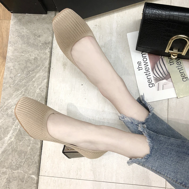 Женские вязаные дышащие туфли телесного цвета на Высоком толстом каблуке с