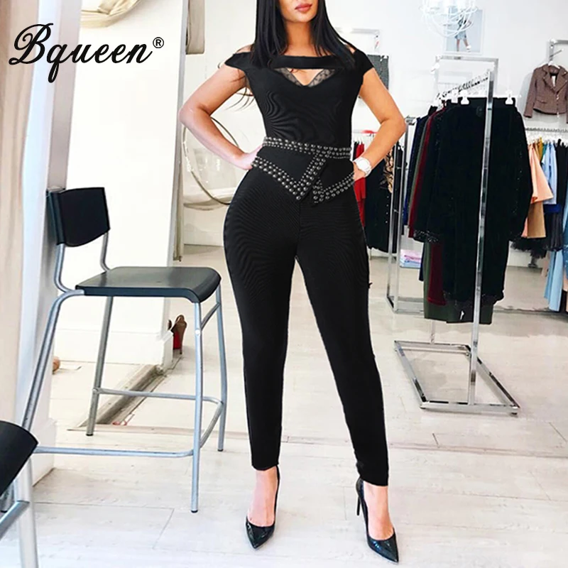 Bqueen модные заклепки полной длины Для женщин утягивающий комбинезон Sexy Глубокий V