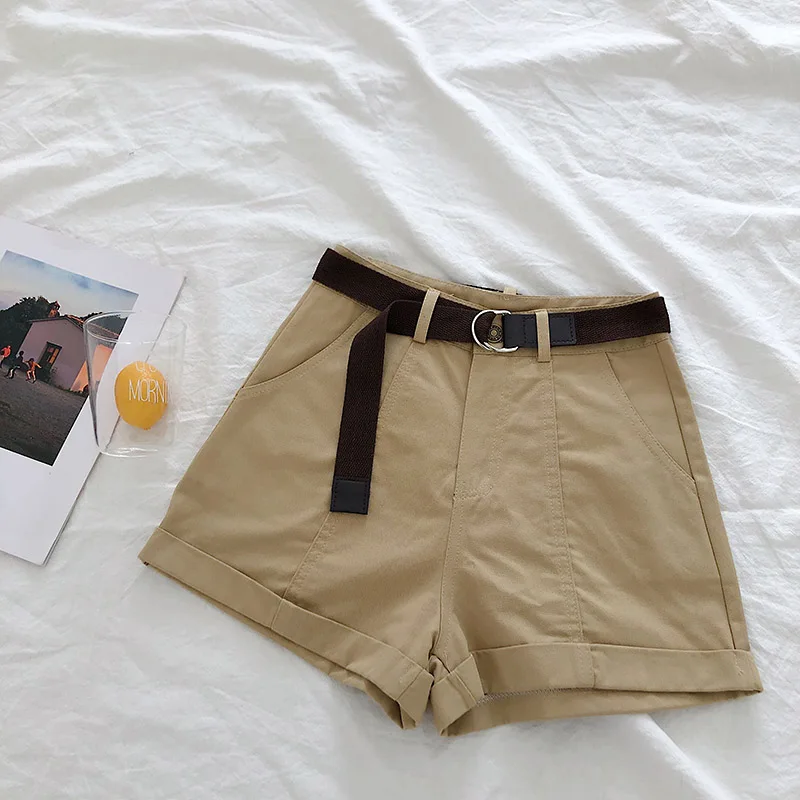 Light Khaki CamKemsey, летние женские шорты,, корейские, повседневные, высокая талия, классические, с манжетами, карго, шорты с поясом, 5 цветов - Цвет: Light Khaki