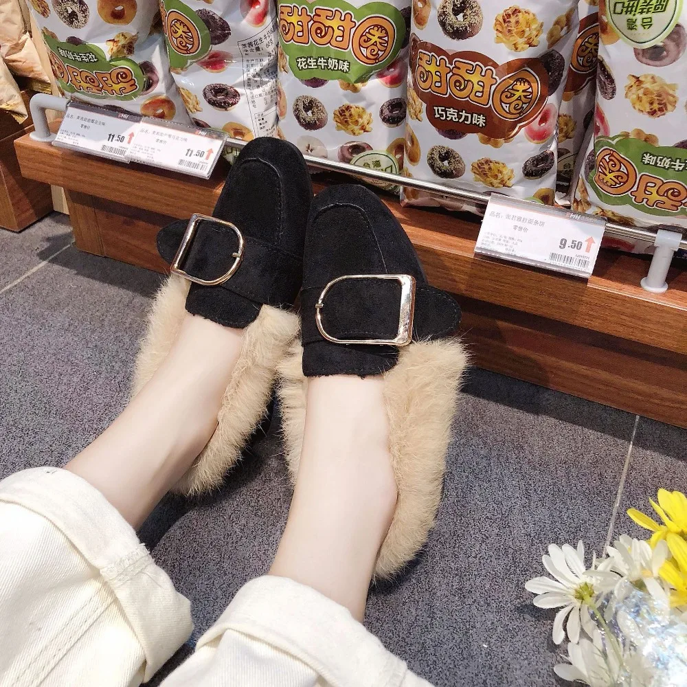 Корейские повседневные пушистые туфли без задника на плоской подошве женские