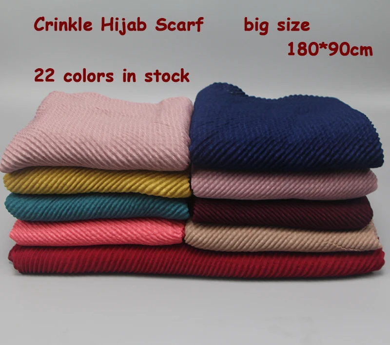 

10pc/lot Wrinkled Scarf Large Size 180*90cm 22 colors Popular Women's Pleated Crinkle Hijab Scarf Muslim Head Wrap Shawl