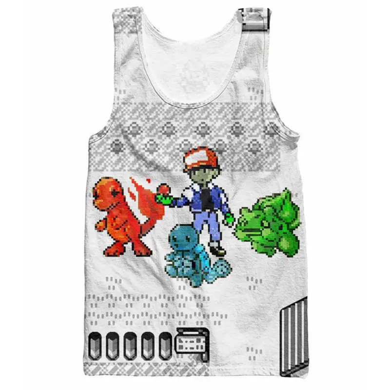 Pokemon Топы Pokedex Аниме Bulbasaur Charmander Squirtle Рукавов Полосатый Жилет Майка Лето Стиль