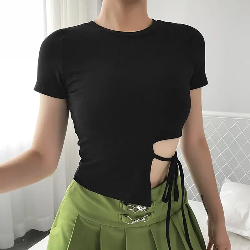 Сексуальный укороченный топ Женская Черная Футболка тонкая модная кружевная