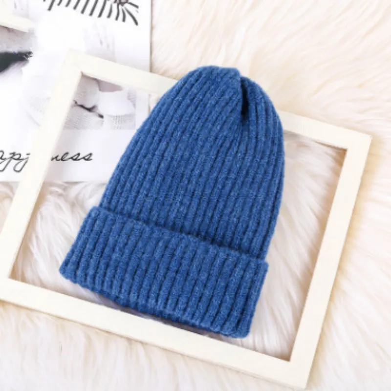 Модная шерстяная шапка Skullies Beanie для женщин и девочек, однотонная теплая шерстяная трикотажная шапка, ветрозащитная женская зимняя шапка - Цвет: Тёмно-синий