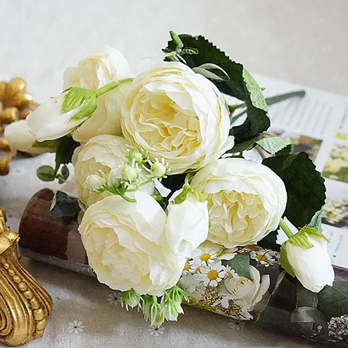 White Small Peony YO CHO 5 головок розы Искусственные цветы Белые пионы розовые шелковые цветы искусственные розы пион Свадебный декор букета для домашних цветов - Цвет: White Small Peony