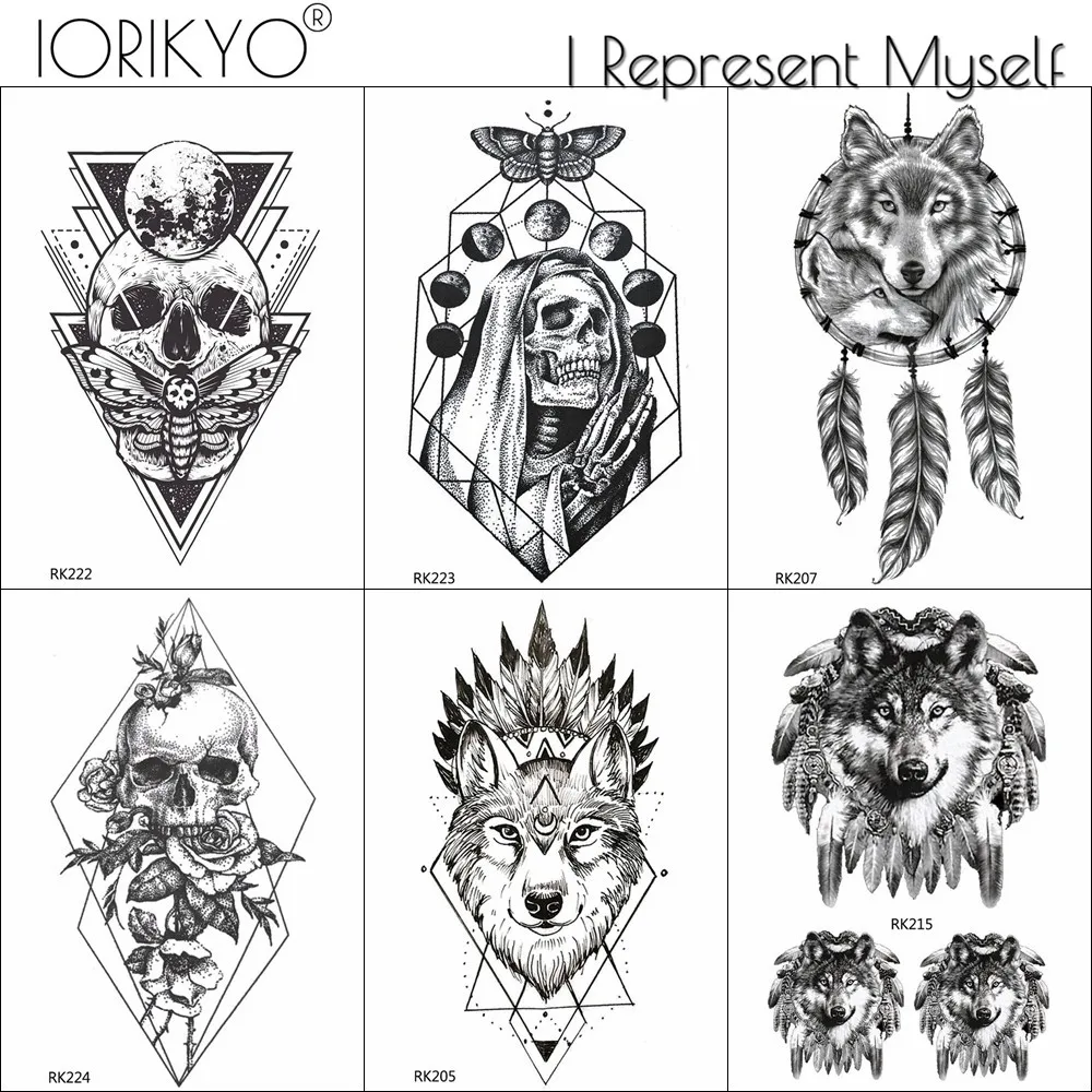 

Fake Sketch Skull Moon Moth India Geometric Wolf Tattoos Temproary For Men Wrist Tattoo Stickers For Women Arm Custom Tato Paste