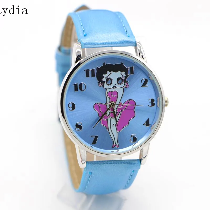 Дропшиппинг наручные часы для женщин женские кожаные часы ремешок Betty Boop узор Стильные часы Повседневные Reloj - Цвет: blue