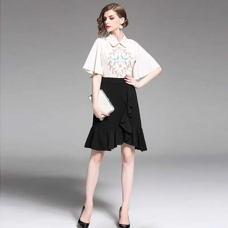 

Women 2019 Summer Ruffles Embroidery Designer Knee-length Dress Zip Back High Street Style Cloak Sleeve Peter Pan Collar