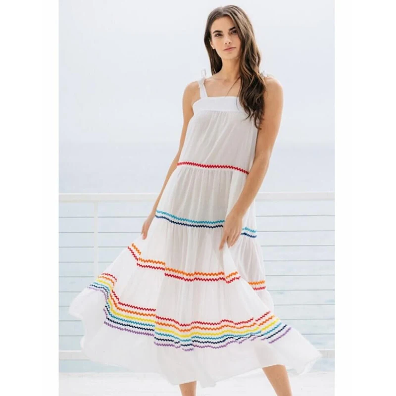 

Spaghetti Strap White Vogue Dress Square Collar Sleeveless Beach Long Dress Striped Printed Women Dresses Boho Vestidos Mujer