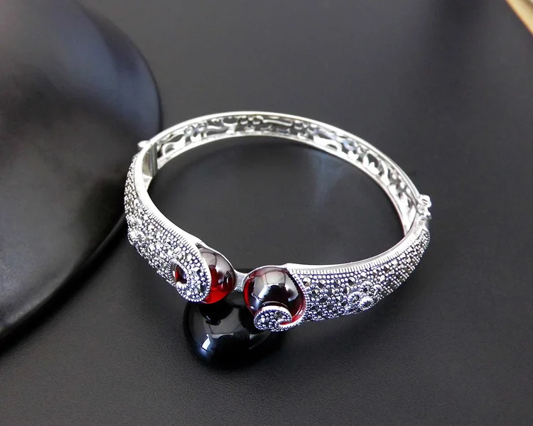synthetic garnet FNJ 925 серебряный браслет марказит Красный Циркон натуральный зеленый камень S925 серебро 55 мм регулируемые браслеты для женщин ювелирные изделия - Окраска металла: synthetic garnet