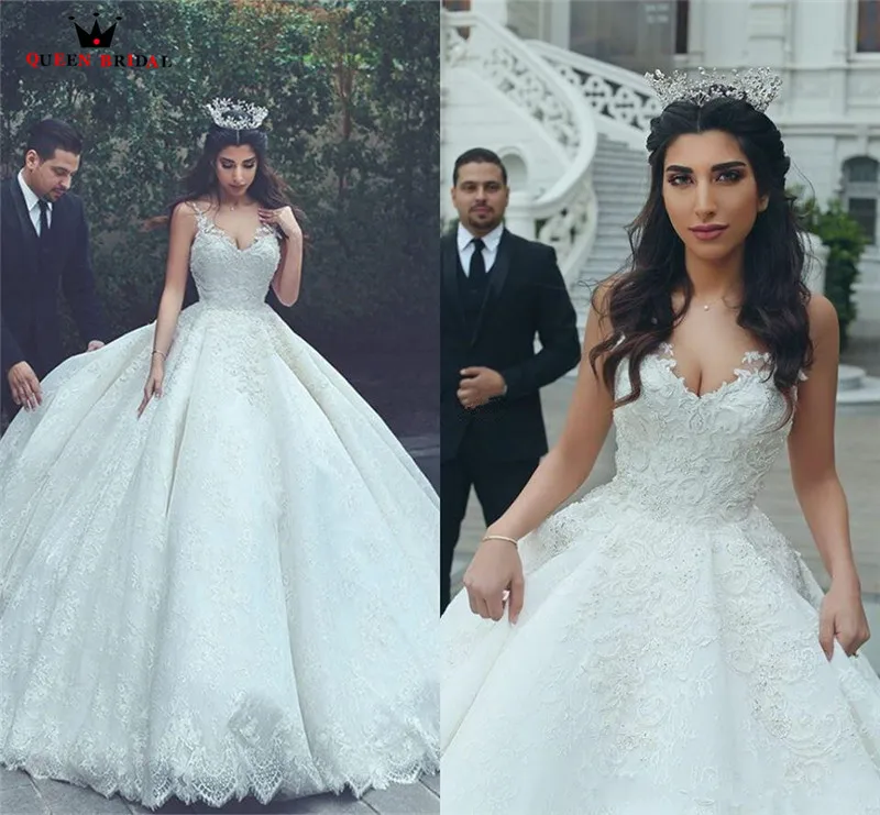 

QUEEN BRIDAL Ball Gown Puffy V Neck Wedding Dress Vestidos De Novia Lace Up Floor Length Marriage Bridal Gown HC43