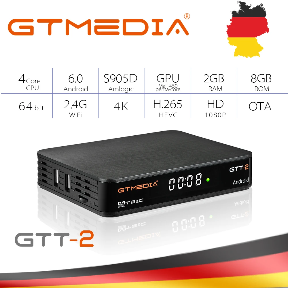 GTMedia Новое поступление GTT2 Ethernet Бесплатные IPTV мира Каналы обновления микропрограммного обеспечения DVB-T2/кабель Поддержка H265 4 K Netflix Android6.0