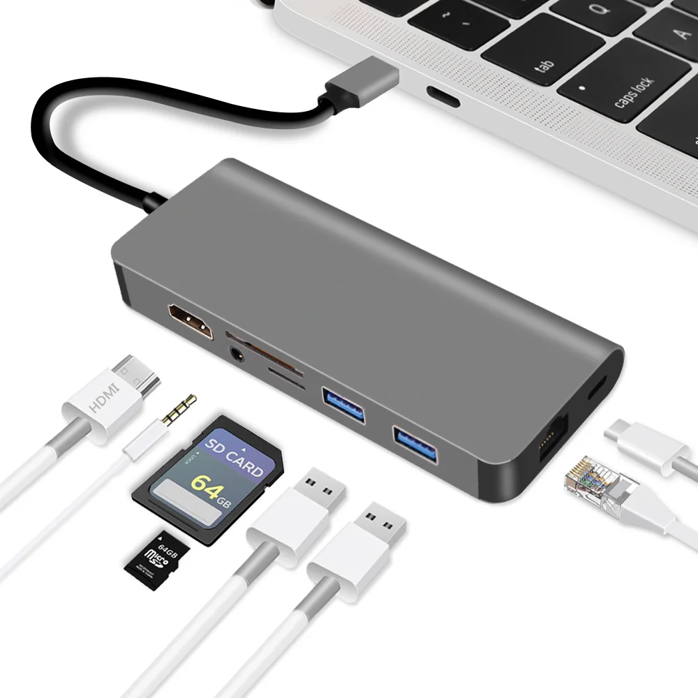 Space grey Redlai USB C концентратор type C концентратор для HDMI 3,5 мм аудио RJ45 USB 3,0 PD SD/TF кардридер адаптер для MacBook 1" Air Pro 13 15 дюймов - Цвет: Space grey