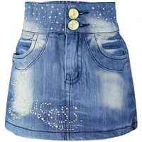 5 8y girls blue rhinestone pearl denim children rosette buttons zipper mini skinny wrap skirts ll3110