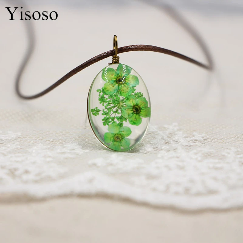 Yisoso DIY Овальный драгоценный камень кулон с высушенным цветком ожерелье милая