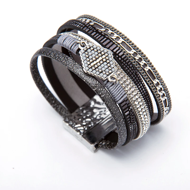 LAN CUI Fashion Alloy Crystal Beads Wide Magnetic Leather bracelets &amp bangles Multilayer Bracelets Ethnic Jewelry for Women Gift |
