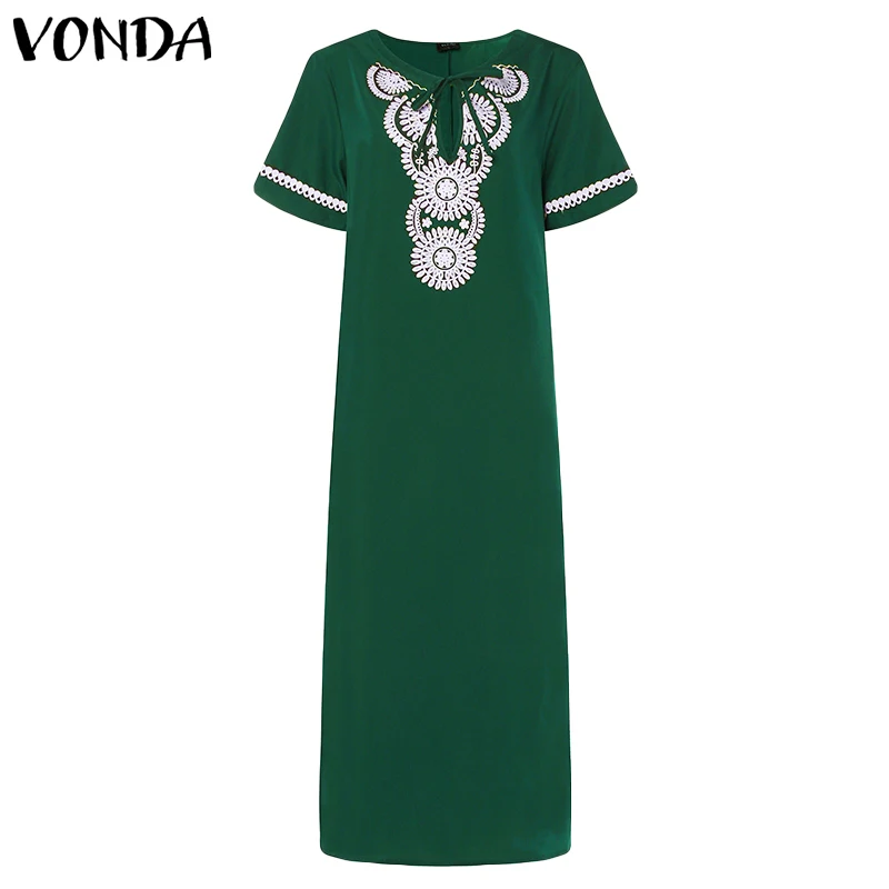 VONDA, женское платье с принтом,, летнее, повседневное, сексуальное, v-образный вырез, короткий рукав, с разрезом, одноцветное, макси платье, элегантное, Vestidos размера плюс - Цвет: Green