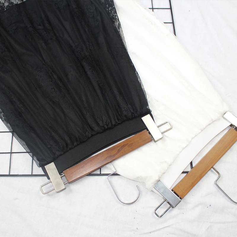 Women Summer Sexy Lace Mesh Long Midi Skirt Casual Vintage High Waist Hollow Out Slim All-Match Lining Black White Skirt 210