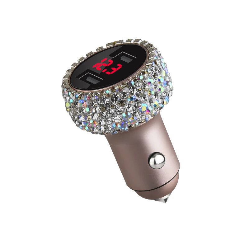 silver car charger Автомобильное зарядное устройство с кристаллами, цифровой дисплей, быстрая зарядка, двойное автомобильное зарядное устройство USB для iPhone, Xiaomi, мобильного телефона - Название цвета: silver car charger