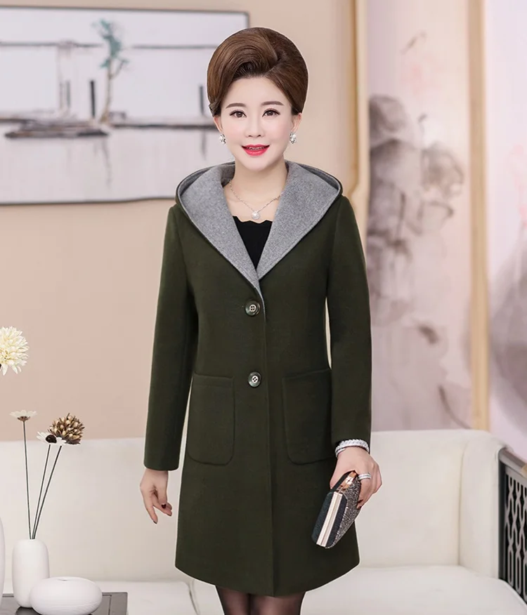 Autumn Winter Woolen Coat Women Hooded New Middle-aged Mother Clothes Long Slim Wool Coat Womens windbreaker Plus Size coat 5XL