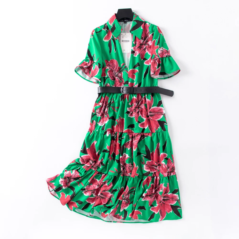 Женское платье до колена с цветочным принтом Платье До Колена коротким рукавом и