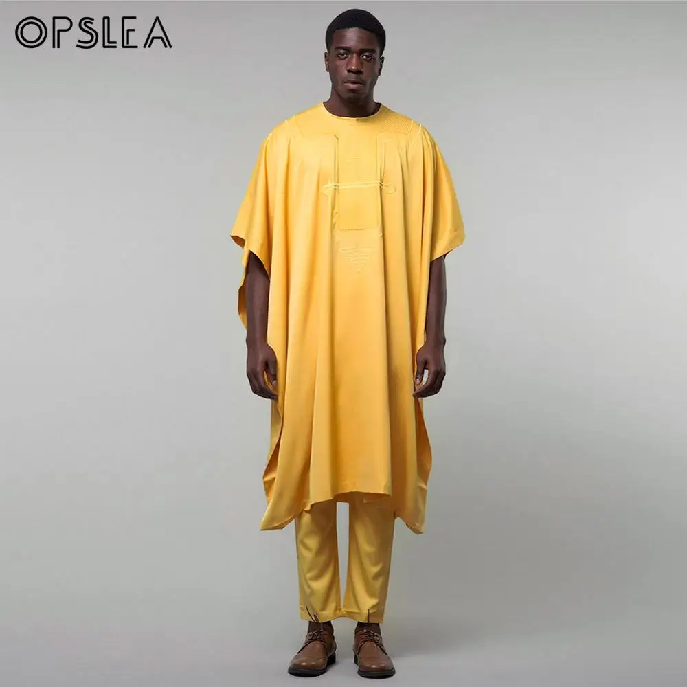 Opslea Agbada Мужская африканская одежда топы с короткими рукавами брюки Дашики Африканский Базен Riche Homme наряд традиционные комплекты из 3 предметов