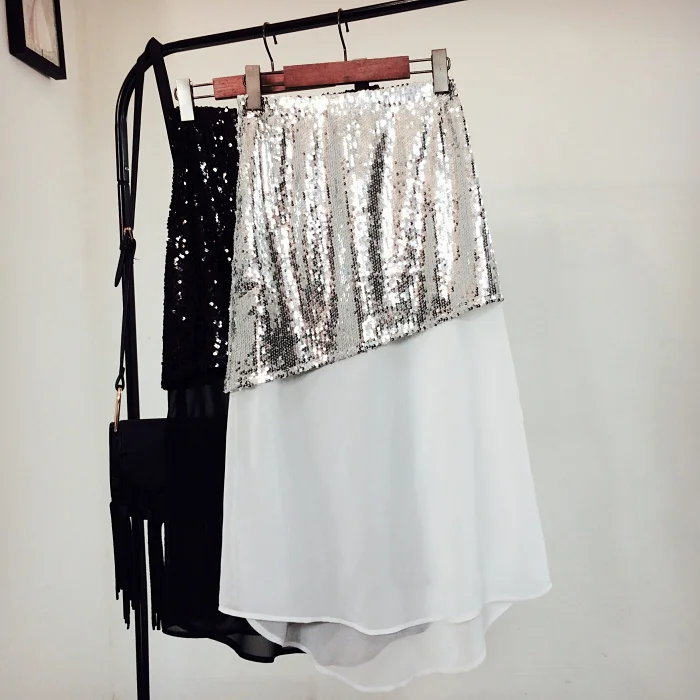irregular sequins skirt women chiffon pathwork European new ladies personality stitching high waist skirts | Женская одежда