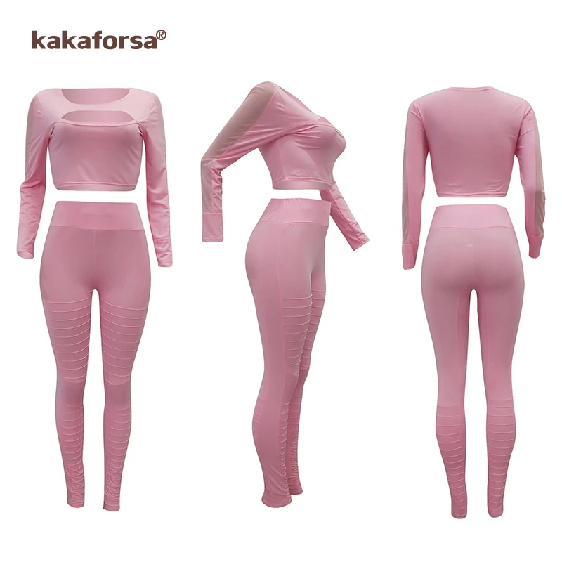 Kakaforsa женский сетчатый лоскутный комплект для йоги, спортивная одежда, костюм для фитнеса, одежда для девушек, одноцветные облегающие комплекты для занятий йогой в тренажерном зале