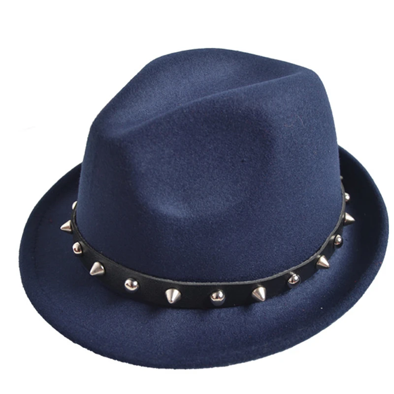 Navy blue Шерстяная фетровая Кепка унисекс, джазовая фетровая Кепка с заклепками, скупой полями, для танцев, для выступлений, кепка s, Панама, trilby chapeau для мужчин и женщин - Цвет: Navy blue