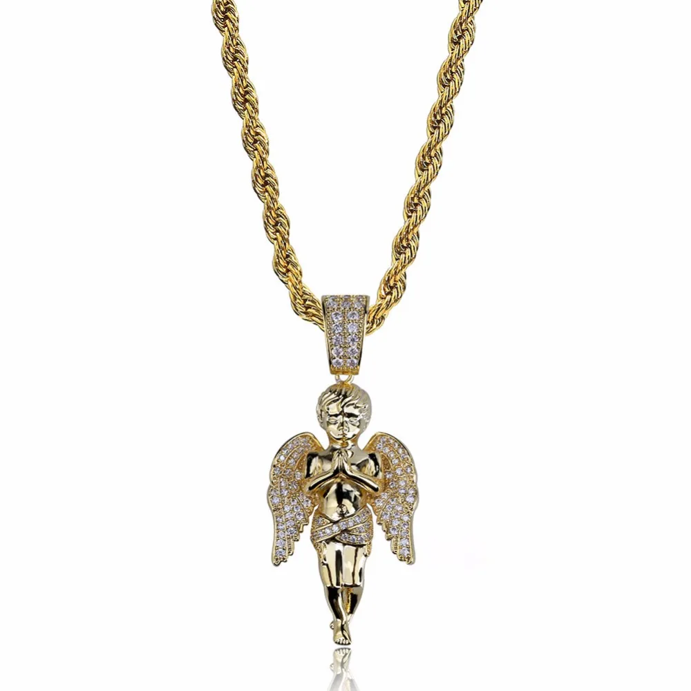 AAA+ циркон Bling Ice Out Cupid Angel ожерелья с подвесками Золотой Цвет Медь для мужчин хип хоп рэппер ювелирные изделия с 24 дюймов Твист цепи