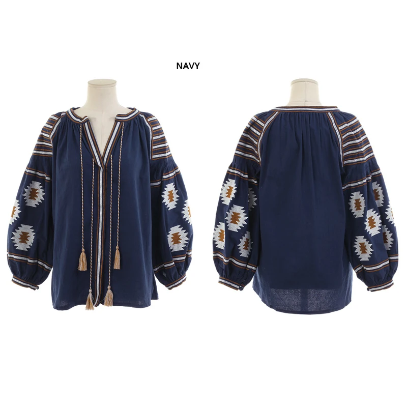 chic BOHO women Blouse geometirc embroidered Cotton shirt nine quarter lantern sleeve five colors loose Casual Women's Blouses | Женская