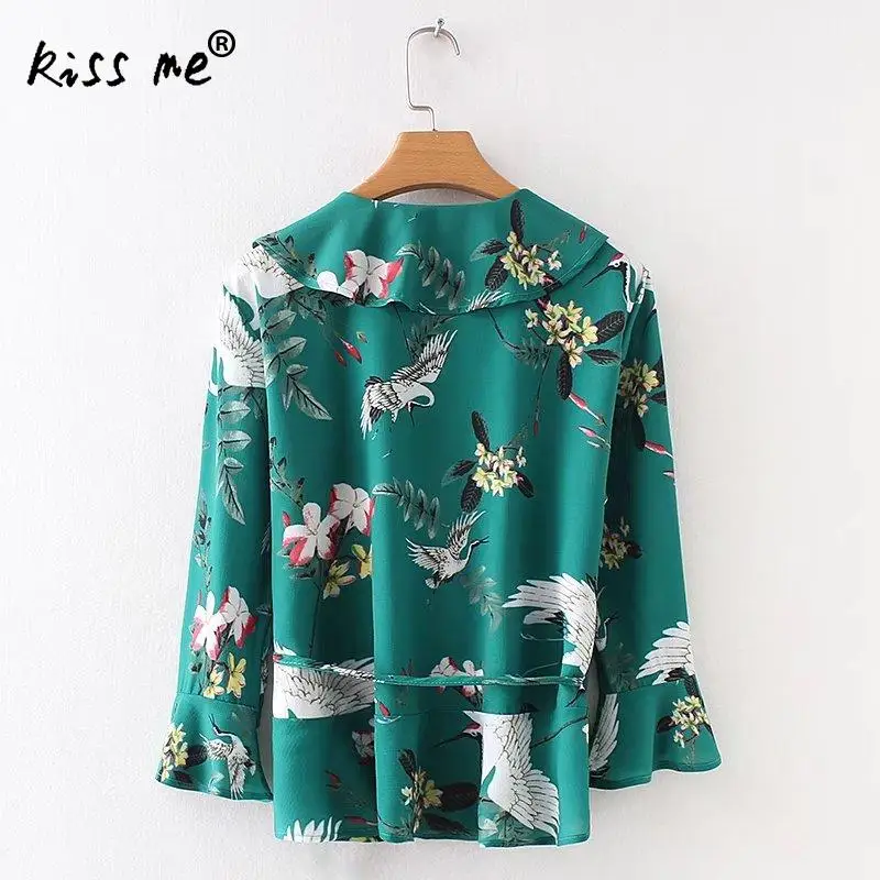 Womens Chiffon Blouses Shirts 2018 Point Sleeve V-Neck Breathable Printed Animal Prints Green Flare Sexy Bandages Summer Tops |