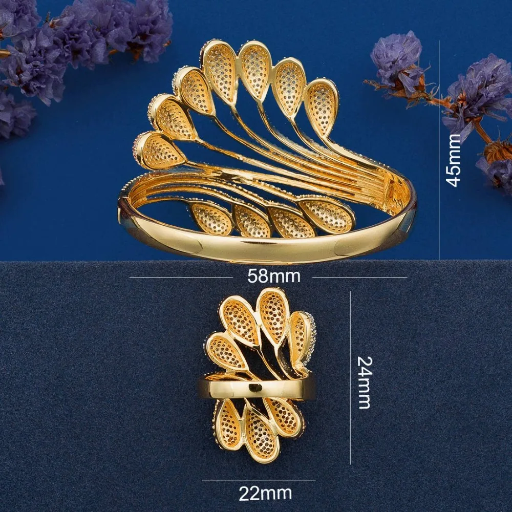 ModemAngel роскошный браслет с павлиньим хвостом и кубическим цирконием кольцо 3 тона