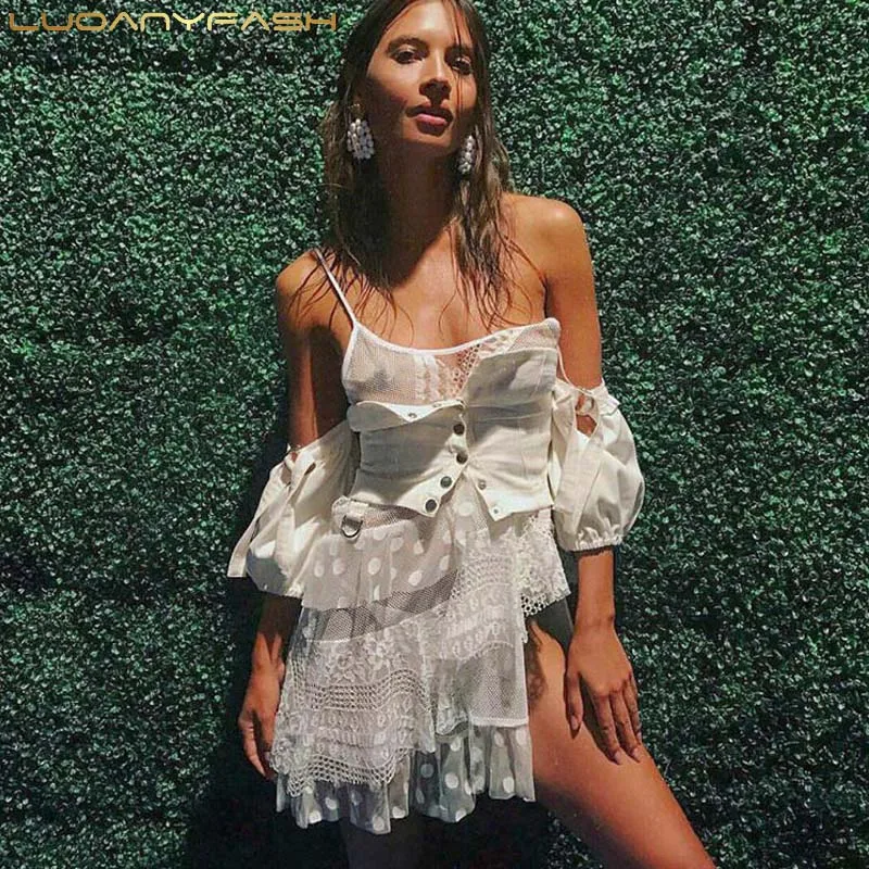 Luoanyfash/платья из двух частей белые кружевные асимметричные платья с открытыми