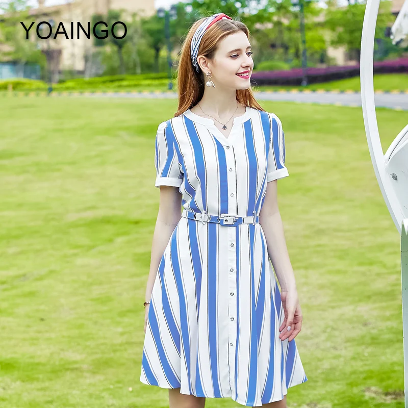Лето 2017 г. платье Бутик Дамы Полосатый V воротник Однобортный средней длины