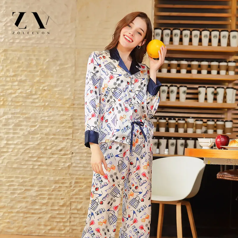 Шелковые пижамы весна женские наборы Turn-Down Воротник 2 шт. Комплект топ брюки принт