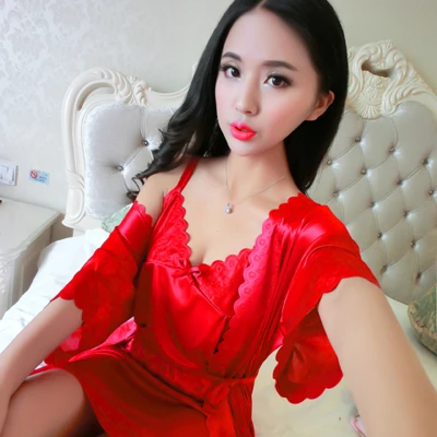 color 18 Платье+ верхняя одежда) женские сексуальные атласные ночные рубашки домашнее платье Ночное атласное ночное белье Ночная рубашка женское шелковое платье для сна - Цвет: color 18