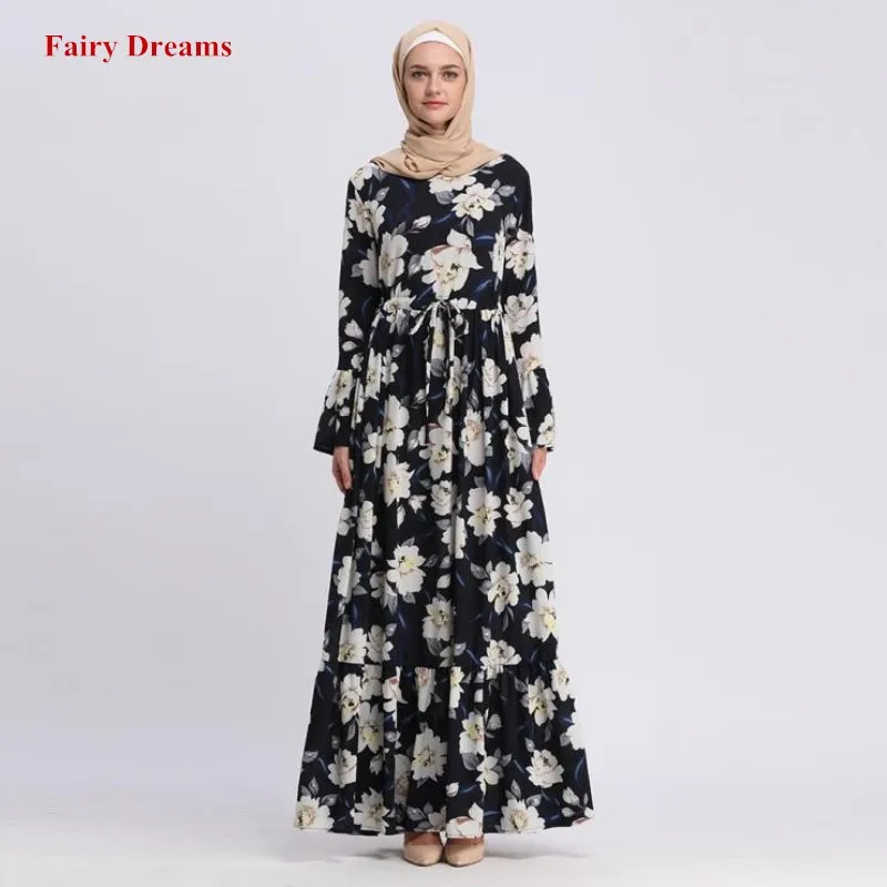 Abayas женская мусульманская одежда с длинным рукавом цветочным принтом Макси