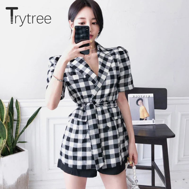 Trytree/сезон лето-осень женские тонкие куртки в клетку офисные модные двубортные с