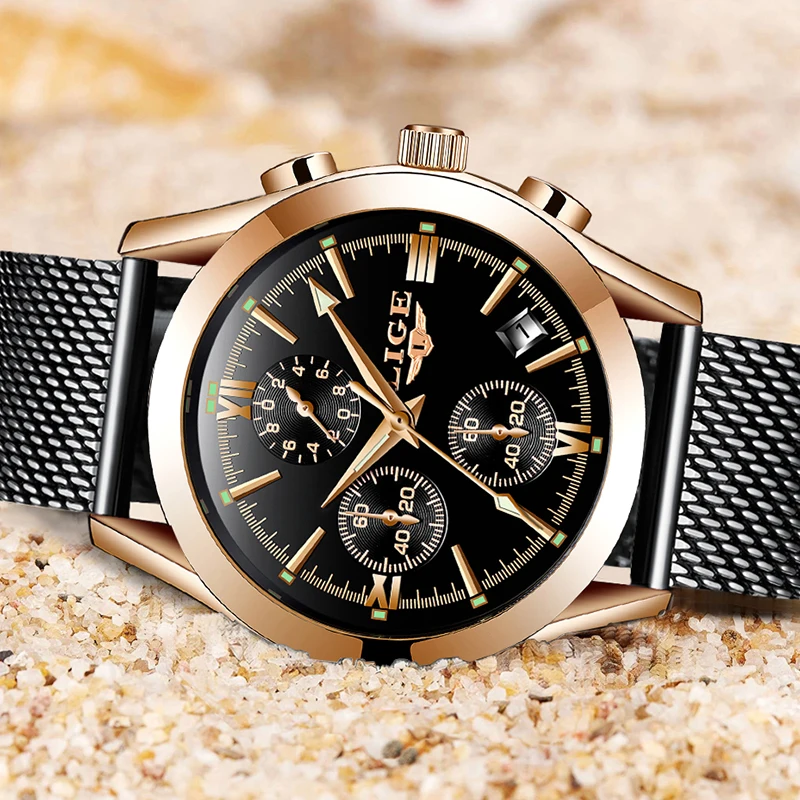 2019LIGE men's watch new luxury brand fashion sports quartz stainless steel mesh strap dial date clock | Наручные часы