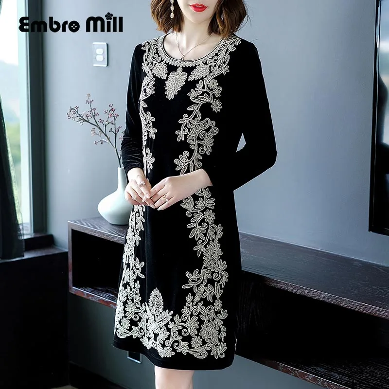 Китайская традиционная одежда женское черное бархатное платье зимнее винтажное