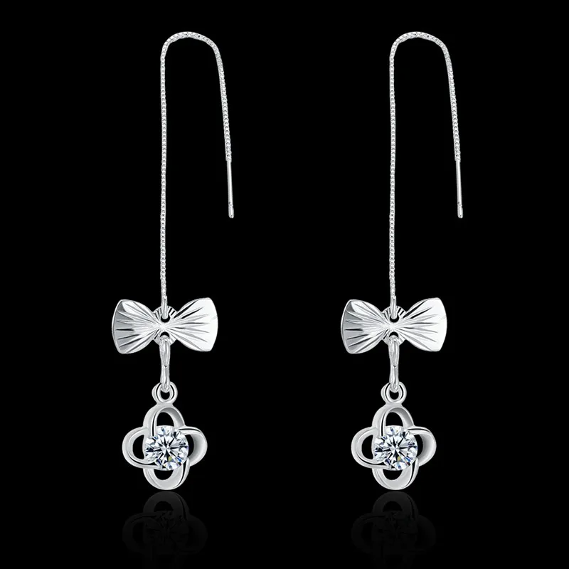 Shiny Cubic Zircon Clover Flower Long Chain White Gold Color Dangle Drop Earrings for Women Engagement Jewelry | Украшения и