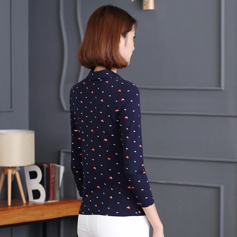 2018 Осень корейский хлопок с длинными рукавами дамы тонкий печатных поло лацкане