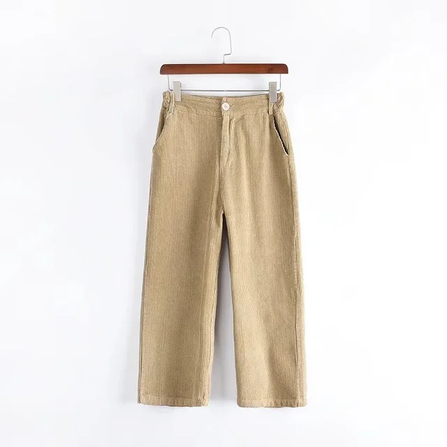 Light khaki Pants Новые женские брюки, женские осенние зимние одноцветные с высокой талией, широкие брюки, повседневные свободные вельветовые укороченные брюки длиной до щиколотки - Цвет: Light khaki Pants