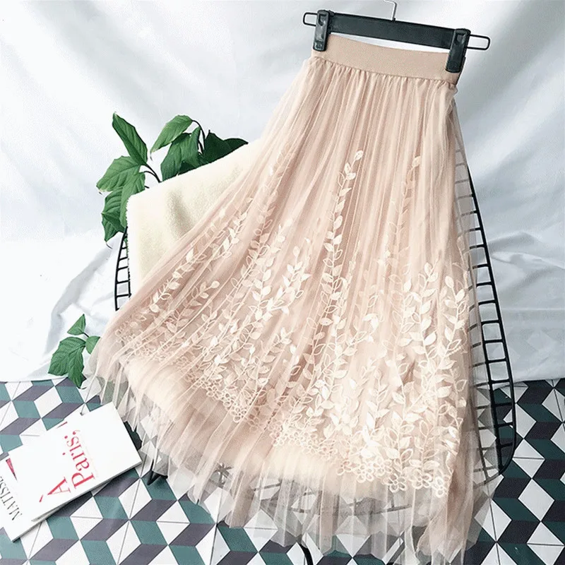 HXJJP Elegant Tulle Pleated Skirt Women Long Summer Floral Embroidery A-line Tutu Lace Mesh Midi | Женская одежда