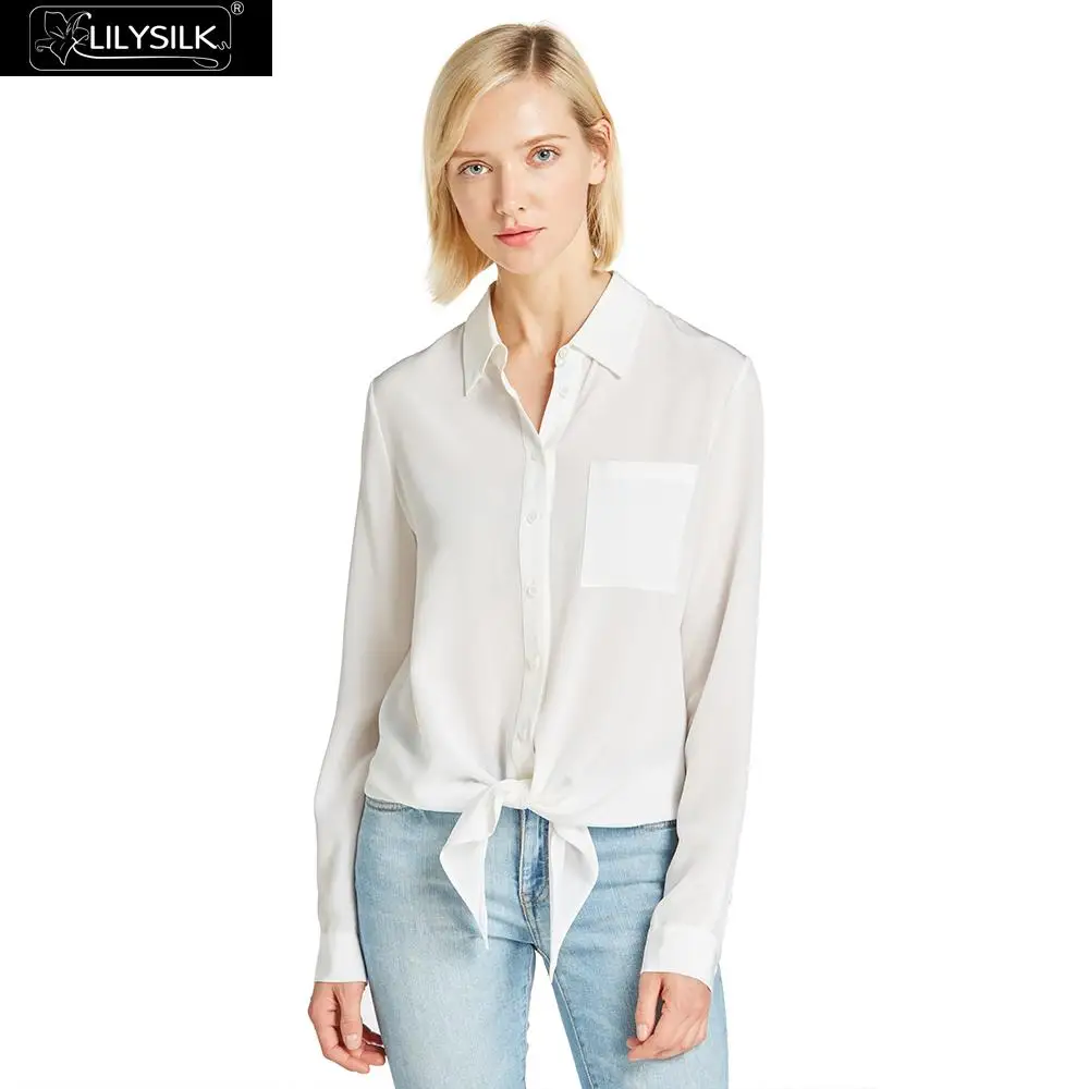 White LilySilk рубашка блузка Женская 18 мм галстук спереди Базовая Женская Распродажа - Цвет: White