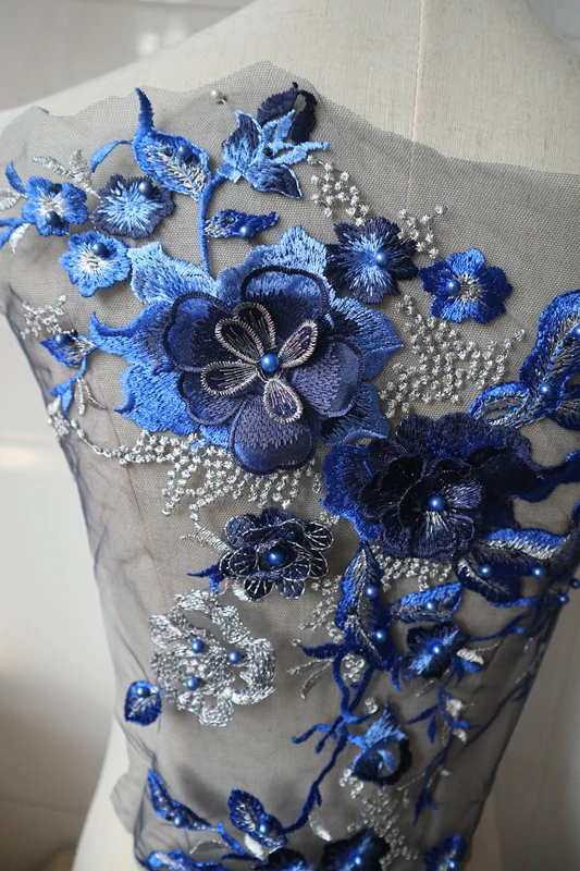 Кружевная аппликация с 3D цветами Королевского синего цвета кружевные аппликации